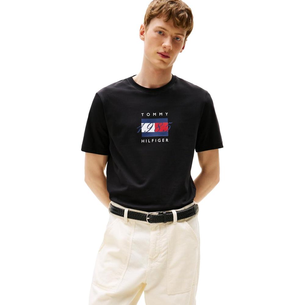 imageTommy Hilfiger Mens Short Sleeve Cotton Graphic TShirts with Printed Linear Flag Logo DesignsBlack