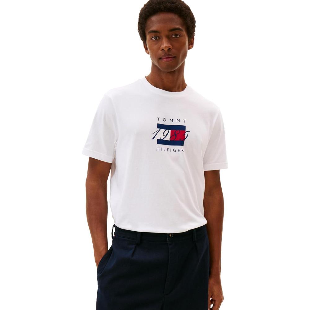 imageTommy Hilfiger Mens Short Sleeve Cotton Graphic TShirts with Printed Linear Flag Logo DesignsWhite