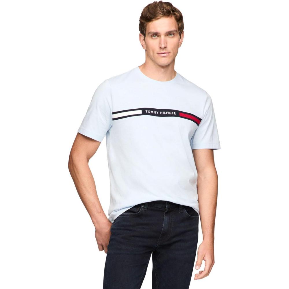 imageTommy Hilfiger Mens Short Sleeve Cotton Graphic TShirts with Signature Stripe Logo Also Available in Big amp TallBreezy Blue