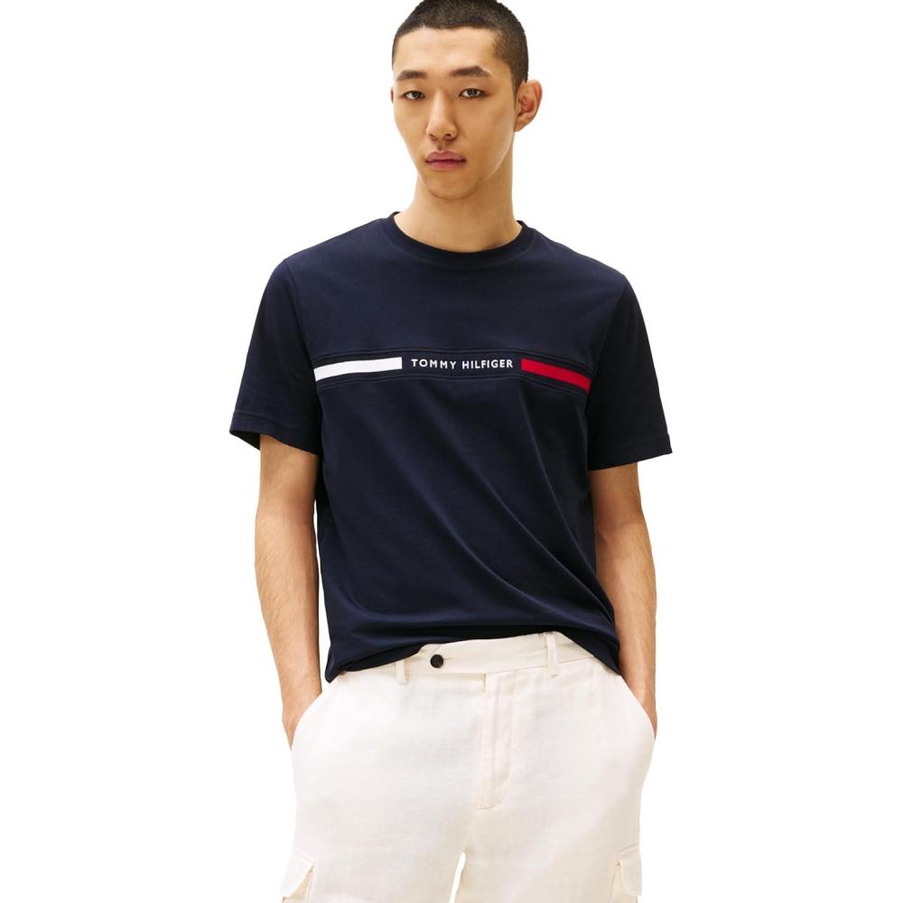 imageTommy Hilfiger Mens Short Sleeve Cotton Graphic TShirts with Signature Stripe Logo Also Available in Big amp TallDesert Sky