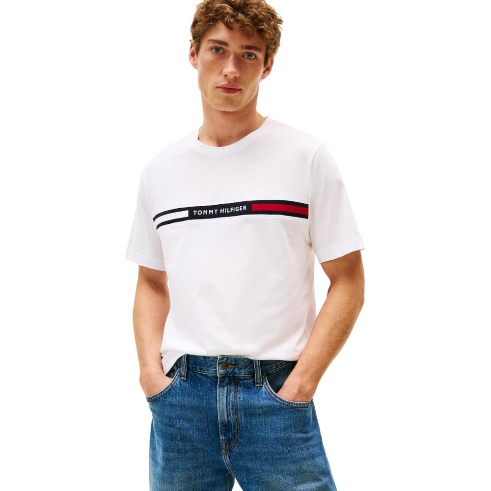 imageTommy Hilfiger Mens Short Sleeve Cotton Graphic TShirts with Signature Stripe Logo Also Available in Big amp TallWhite
