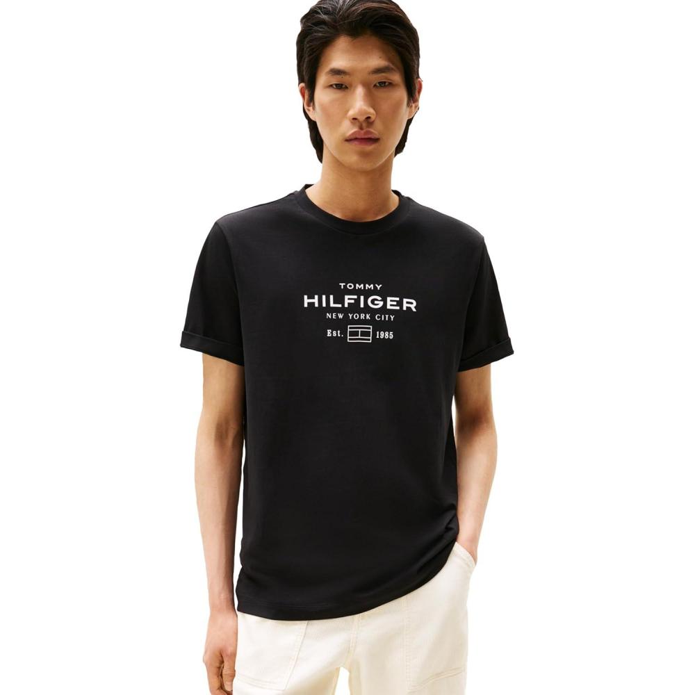 imageTommy Hilfiger Mens Short Sleeve Cotton Graphic TShirts with Stacked Logo DesignsBlack
