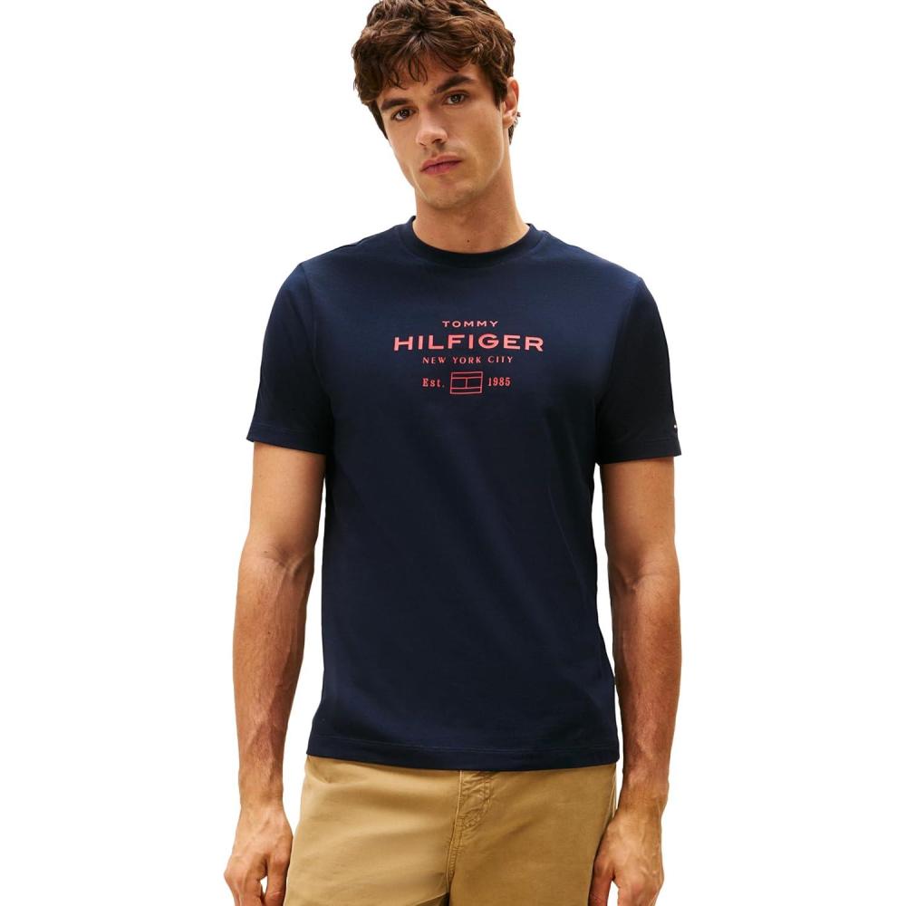 imageTommy Hilfiger Mens Short Sleeve Cotton Graphic TShirts with Stacked Logo DesignsDesert Sky