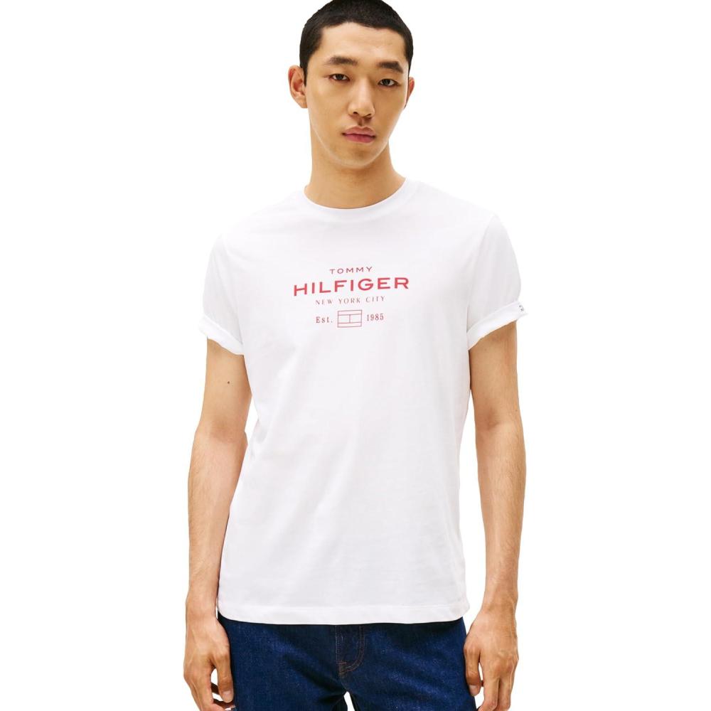 imageTommy Hilfiger Mens Short Sleeve Cotton Graphic TShirts with Stacked Logo DesignsWhite