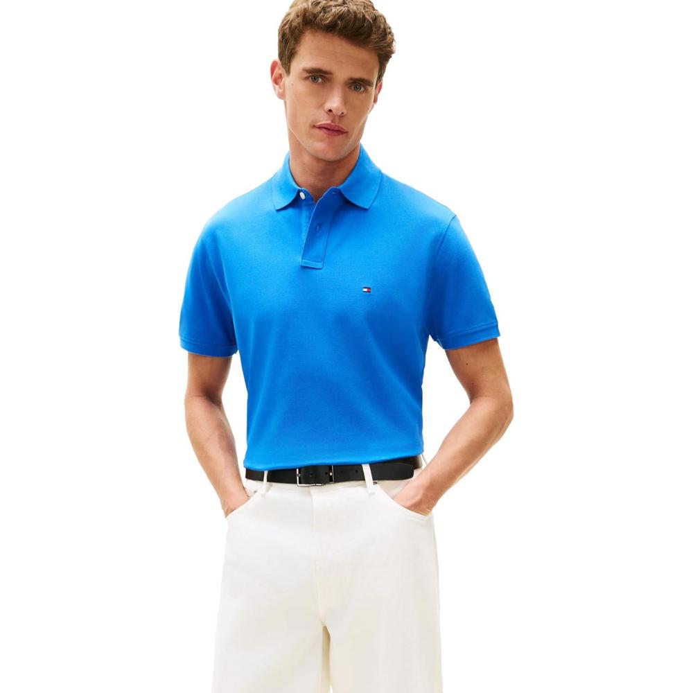 imageTommy Hilfiger Mens Short Sleeve Polo Shirts in Classic Fit with Stretch and Organic Pique CottonBlue Orbit
