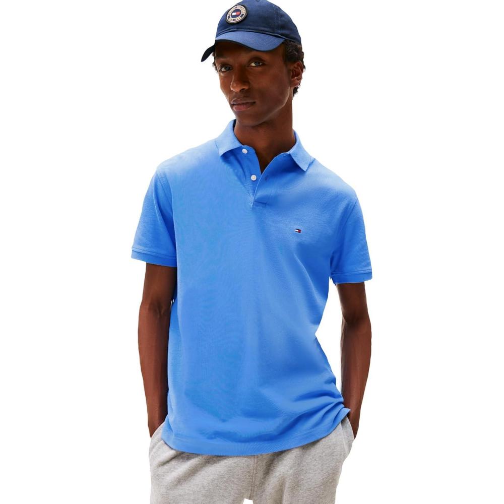 imageTommy Hilfiger Mens Short Sleeve Polo Shirts in Classic Fit with Stretch and Organic Pique CottonBlue Spell