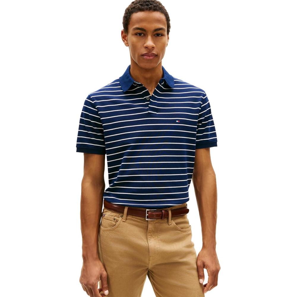 imageTommy Hilfiger Mens Short Sleeve Polo Shirts in Classic Fit with Stretch and Organic Pique CottonCarbon Navy  Ivory Petal