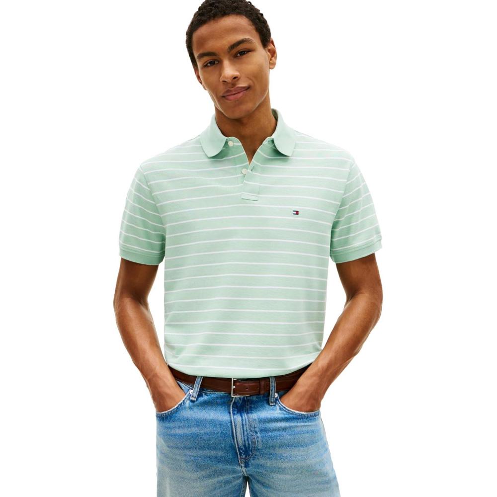 imageTommy Hilfiger Mens Short Sleeve Polo Shirts in Classic Fit with Stretch and Organic Pique CottonCrushed Mint  White