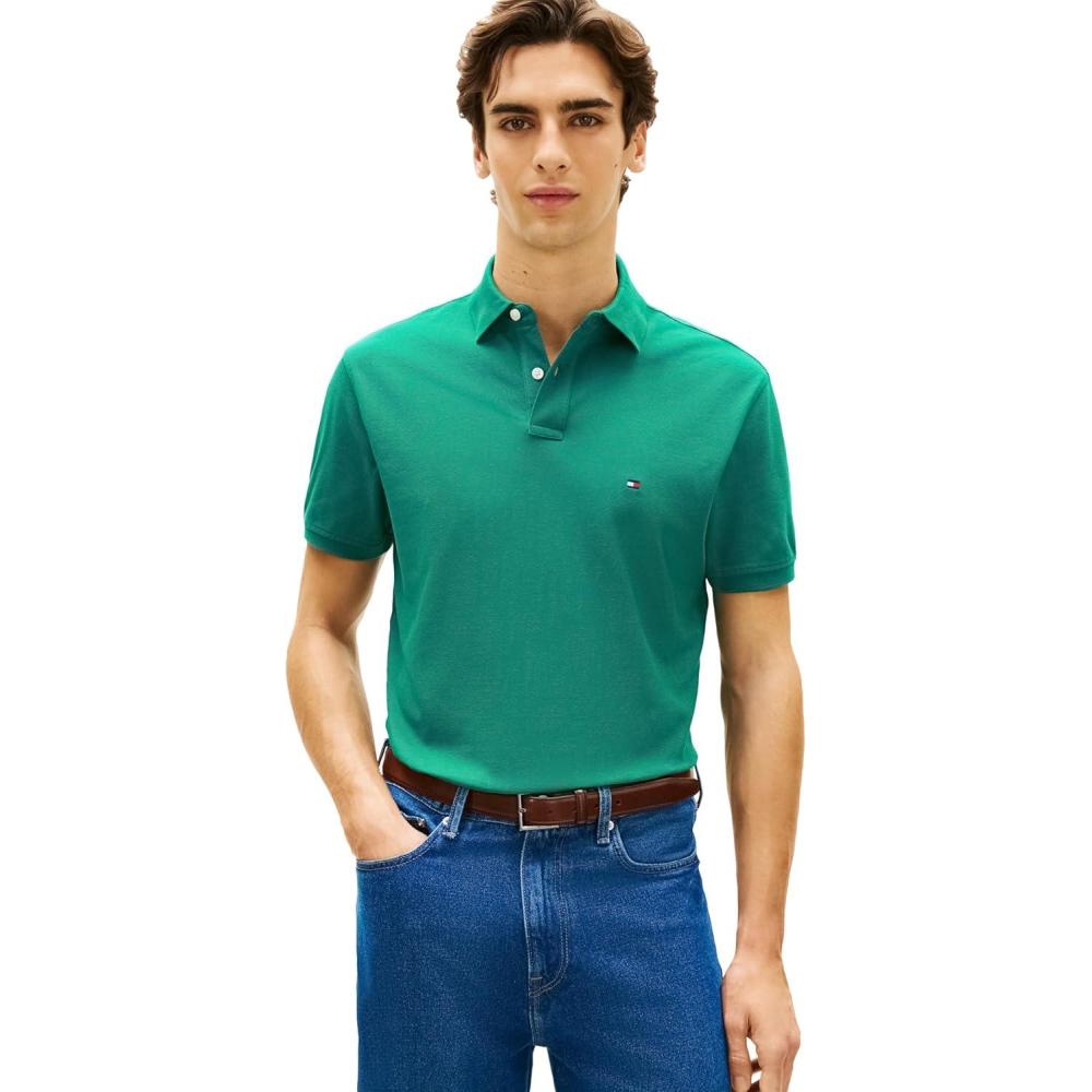 imageTommy Hilfiger Mens Short Sleeve Polo Shirts in Classic Fit with Stretch and Organic Pique CottonDeep Ocean