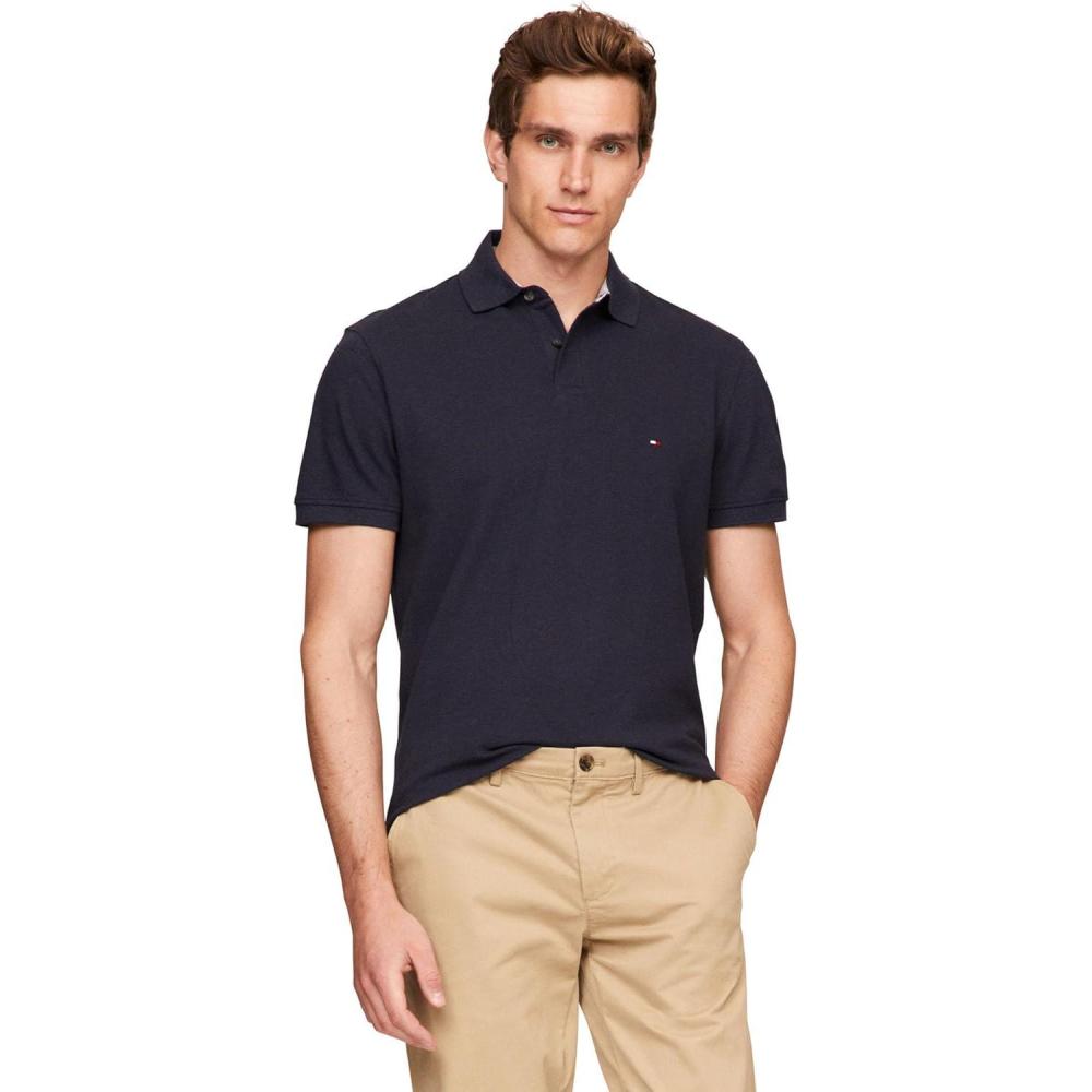 imageTommy Hilfiger Mens Short Sleeve Polo Shirts in Classic Fit with Stretch and Organic Pique CottonDesert Sky Heather