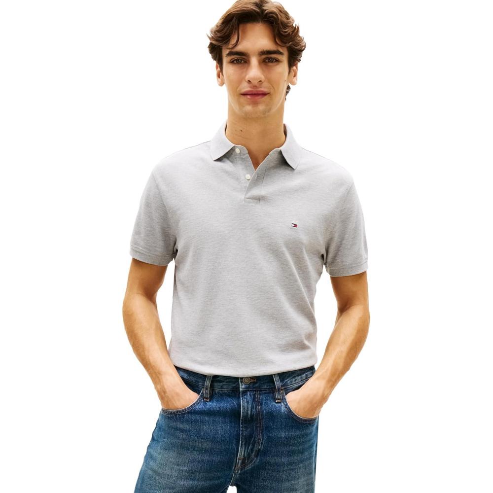 imageTommy Hilfiger Mens Short Sleeve Polo Shirts in Classic Fit with Stretch and Organic Pique CottonLight Grey Heather