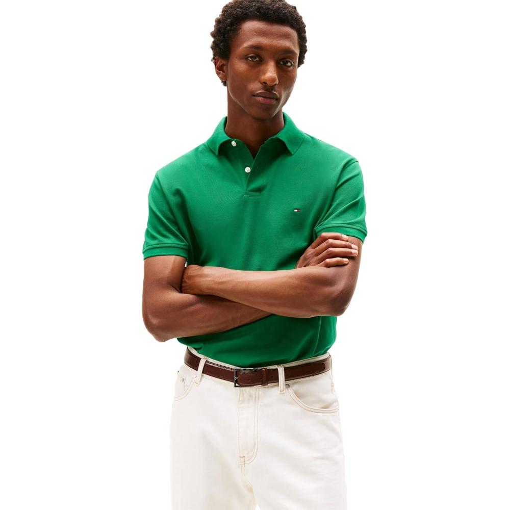 imageTommy Hilfiger Mens Short Sleeve Polo Shirts in Classic Fit with Stretch and Organic Pique CottonNouveau Green