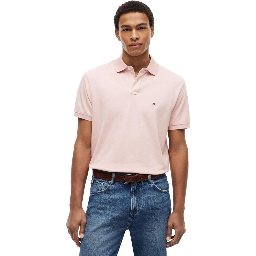 imageTommy Hilfiger Mens Short Sleeve Polo Shirts in Classic Fit with Stretch and Organic Pique CottonPale Pink Heather