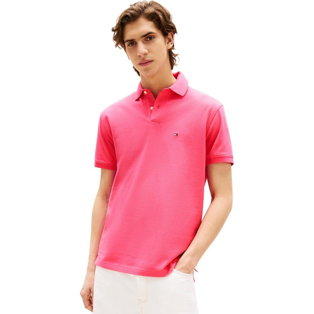 imageTommy Hilfiger Mens Short Sleeve Polo Shirts in Classic Fit with Stretch and Organic Pique CottonPink Alert