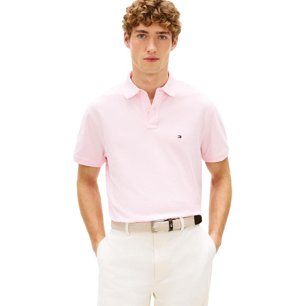 imageTommy Hilfiger Mens Short Sleeve Polo Shirts in Classic Fit with Stretch and Organic Pique CottonPink Lily