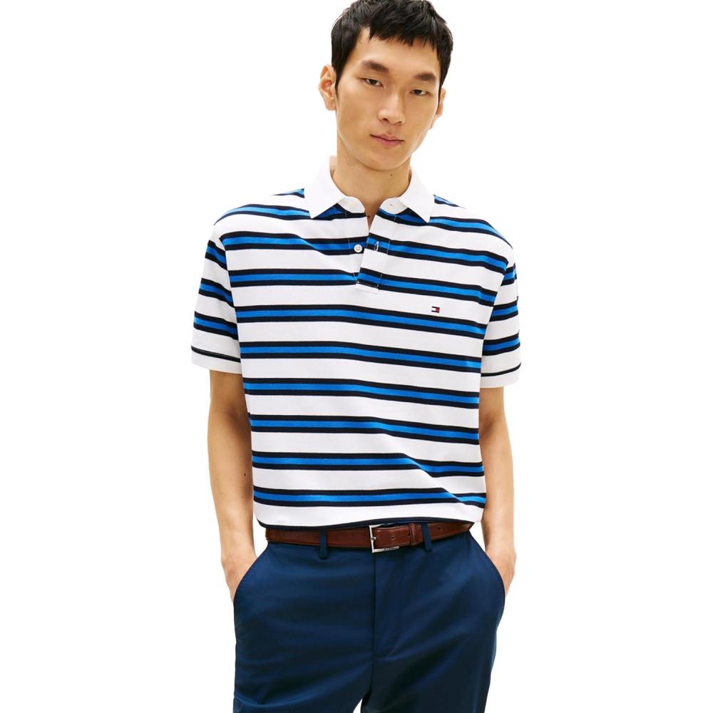 imageTommy Hilfiger Mens Short Sleeve Polo Shirts in Classic Fit with Stretch and Organic Pique CottonWhite Desert Sky Multi