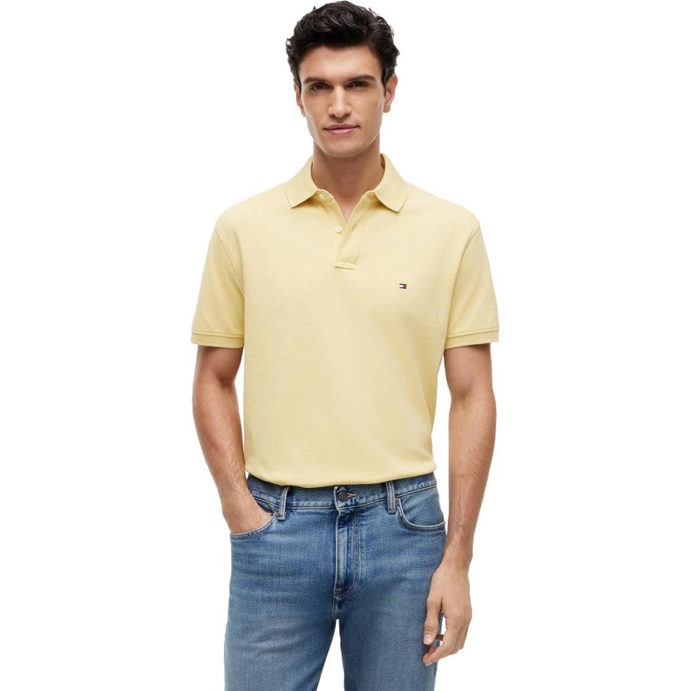 imageTommy Hilfiger Mens Short Sleeve Polo Shirts in Classic Fit with Stretch and Organic Pique CottonYellow Heather