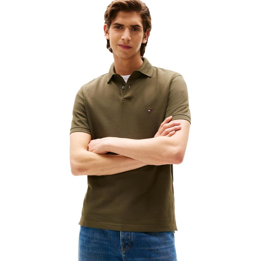 imageTommy Hilfiger Mens Short Sleeve Polo Shirts in Regular Fit with Stretch and Organic Pique CottonArmy Green