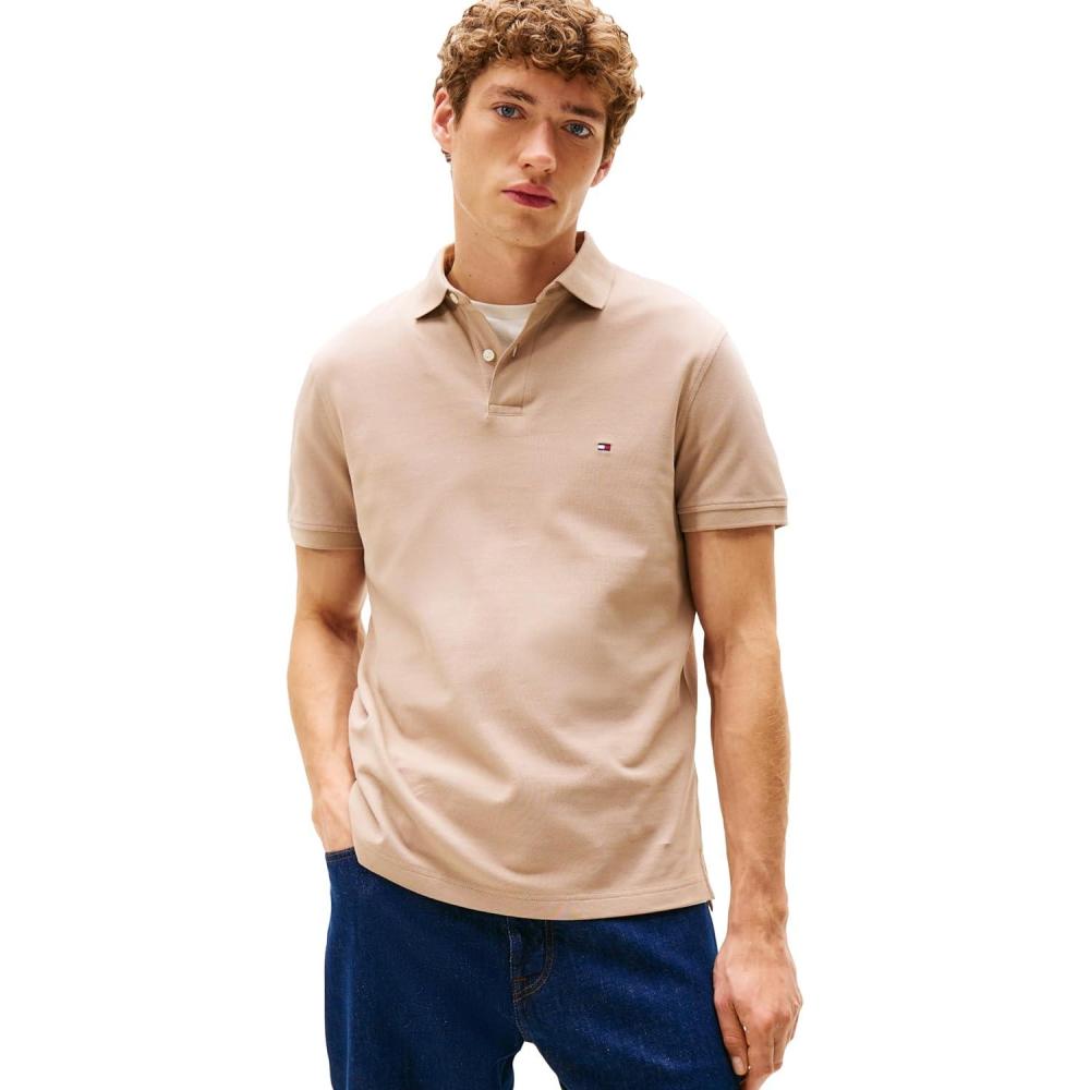 imageTommy Hilfiger Mens Short Sleeve Polo Shirts in Regular Fit with Stretch and Organic Pique CottonCoastal Taupe
