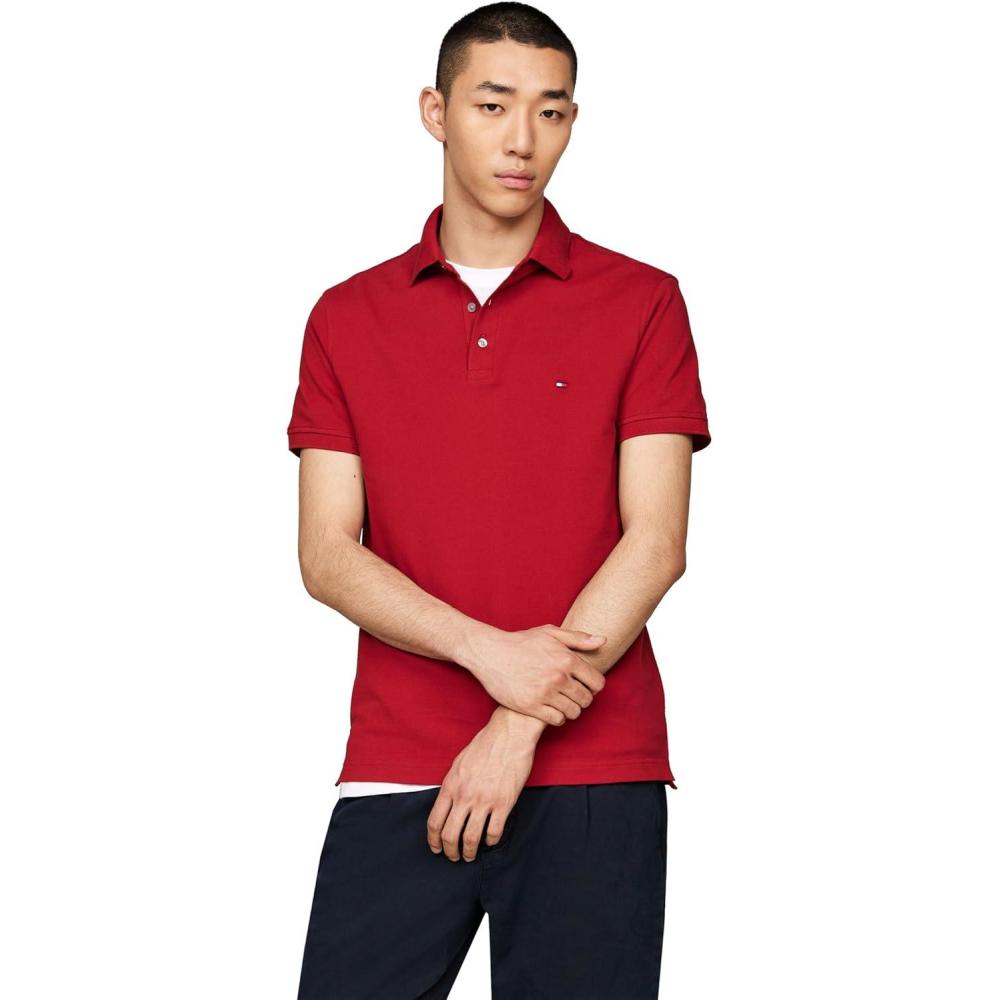 imageTommy Hilfiger Mens Short Sleeve Polo Shirts in Regular Fit with Stretch and Organic Pique CottonDark Magma
