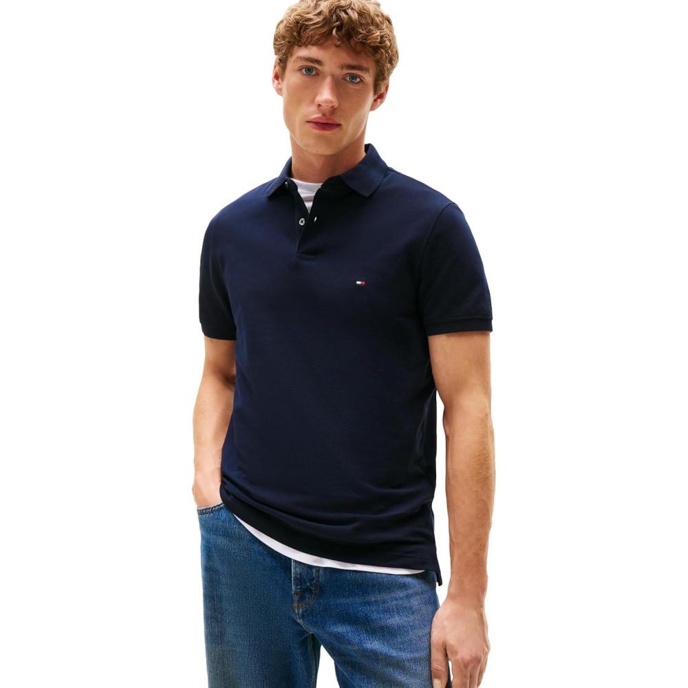 imageTommy Hilfiger Mens Short Sleeve Polo Shirts in Regular Fit with Stretch and Organic Pique CottonDesert Sky Solid
