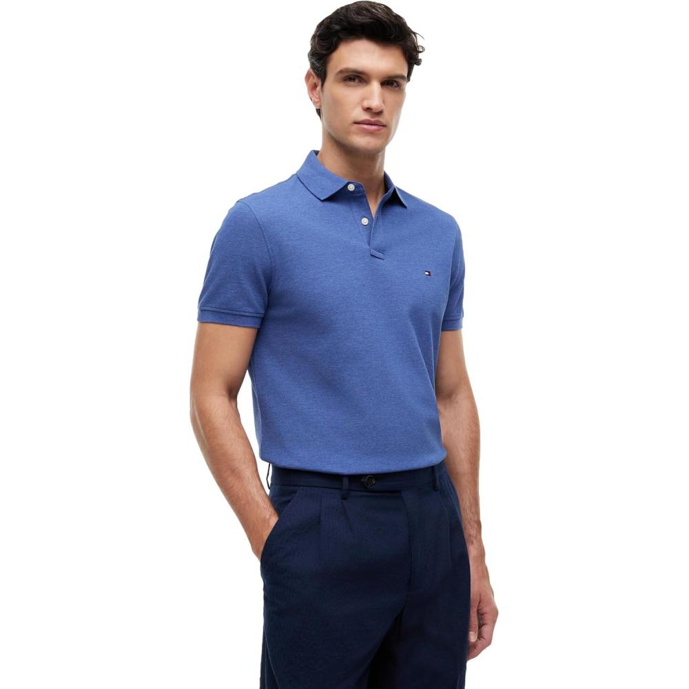 imageTommy Hilfiger Mens Short Sleeve Polo Shirts in Regular Fit with Stretch and Organic Pique CottonIndigo Heather