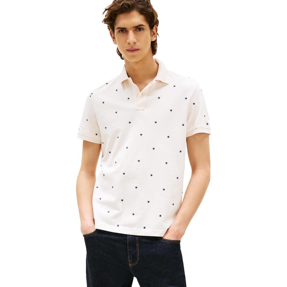 imageTommy Hilfiger Mens Short Sleeve Polo Shirts in Regular Fit with Stretch and Organic Pique CottonIvory Petal Star Embroidered
