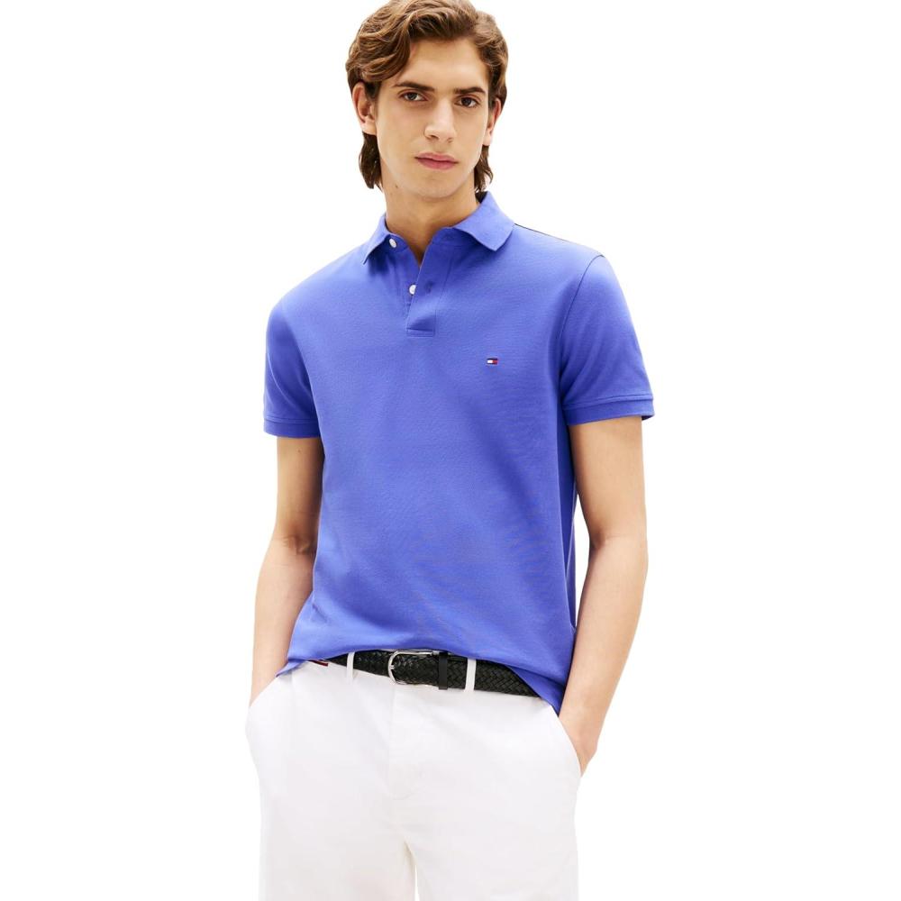 imageTommy Hilfiger Mens Short Sleeve Polo Shirts in Regular Fit with Stretch and Organic Pique CottonLazuli Blue
