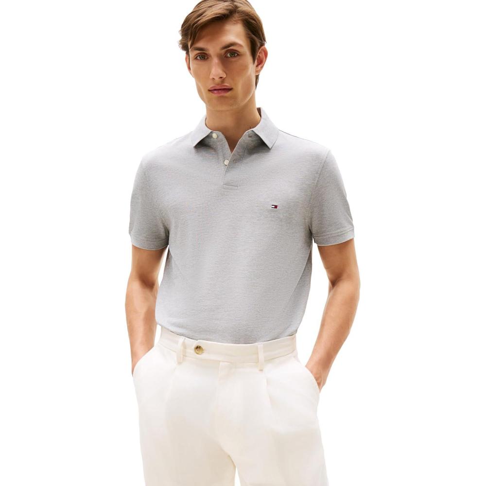 imageTommy Hilfiger Mens Short Sleeve Polo Shirts in Regular Fit with Stretch and Organic Pique CottonLight Grey Heather