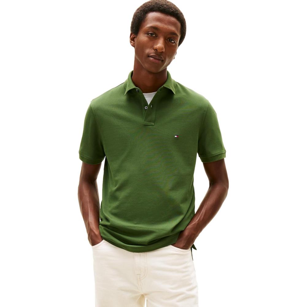 imageTommy Hilfiger Mens Short Sleeve Polo Shirts in Regular Fit with Stretch and Organic Pique CottonMountain Pine
