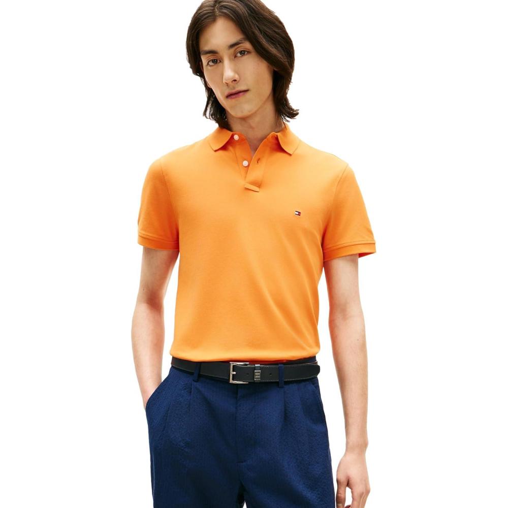 imageTommy Hilfiger Mens Short Sleeve Polo Shirts in Regular Fit with Stretch and Organic Pique CottonOrange Tulip