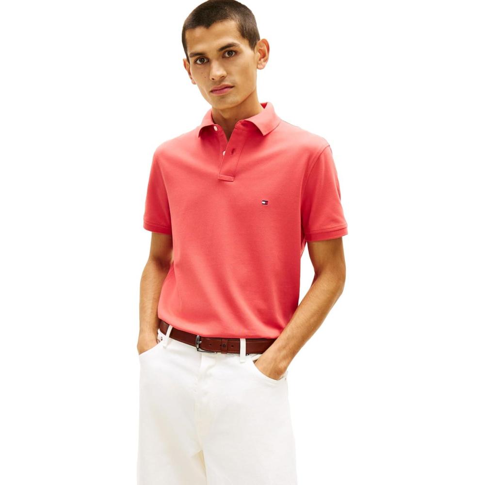 imageTommy Hilfiger Mens Short Sleeve Polo Shirts in Regular Fit with Stretch and Organic Pique CottonVintage Red