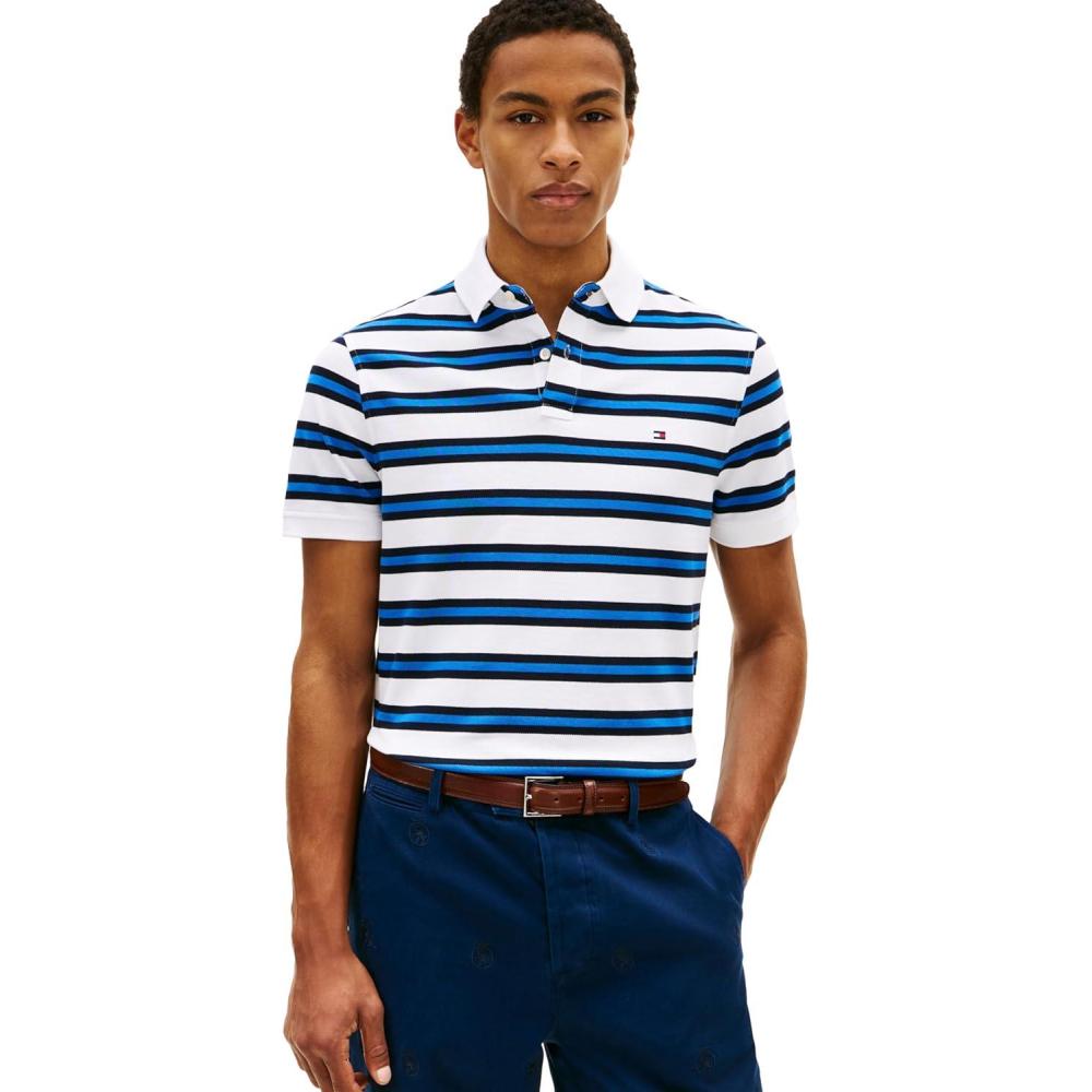 imageTommy Hilfiger Mens Short Sleeve Polo Shirts in Regular Fit with Stretch and Organic Pique CottonWhite Desert Sky Multi