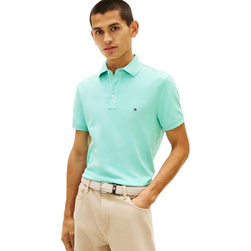 imageTommy Hilfiger Mens Short Sleeve Polo Shirts in Slim Fit with Stretch and Organic Pique CottonArctic Aqua