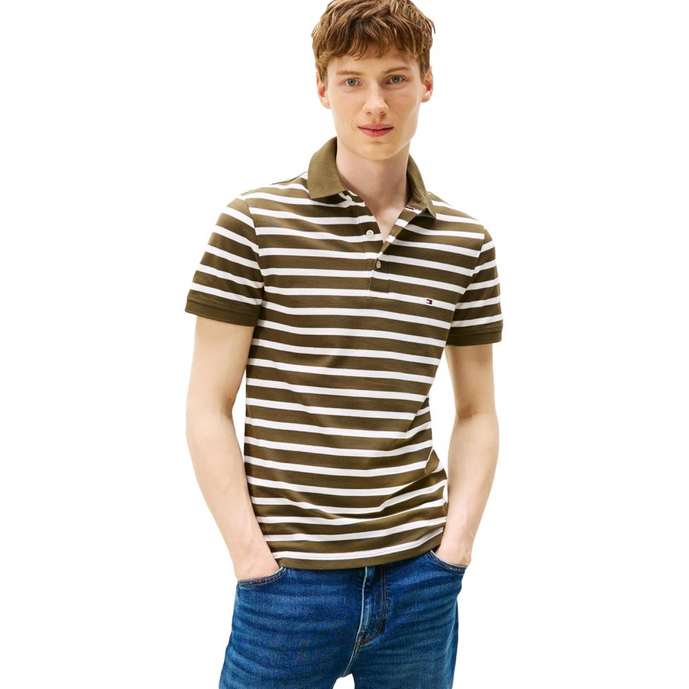 imageTommy Hilfiger Mens Short Sleeve Polo Shirts in Slim Fit with Stretch and Organic Pique CottonArmy Green White