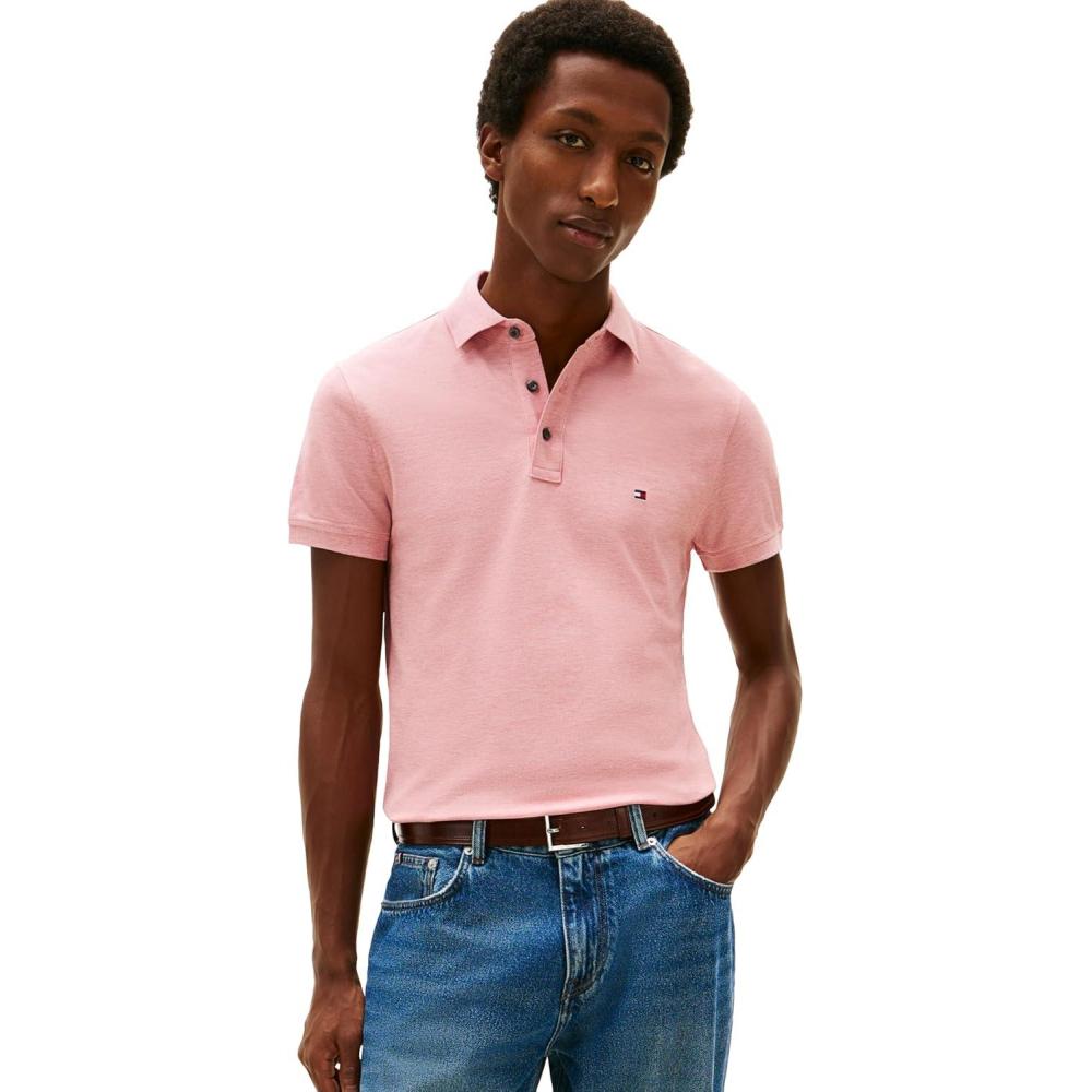 imageTommy Hilfiger Mens Short Sleeve Polo Shirts in Slim Fit with Stretch and Organic Pique CottonCamelia Blush Heather