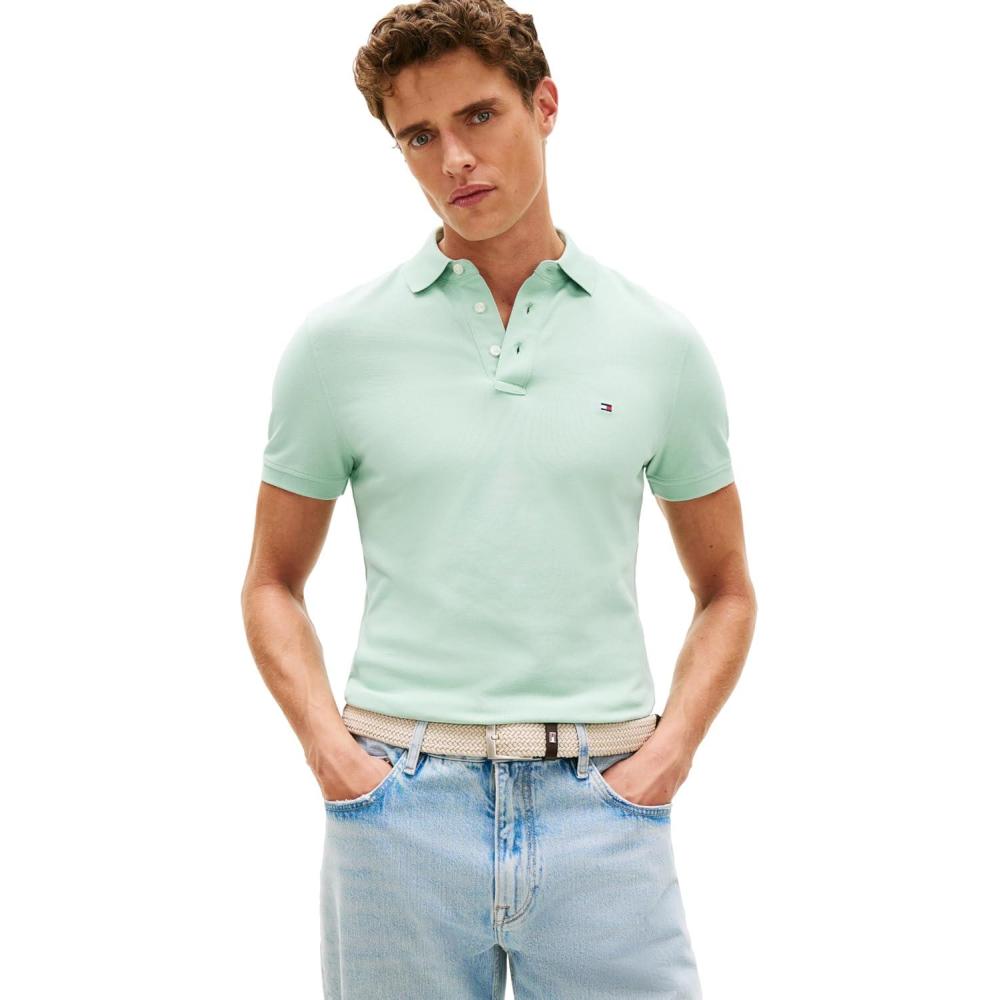 imageTommy Hilfiger Mens Short Sleeve Polo Shirts in Slim Fit with Stretch and Organic Pique CottonCrushed Mint
