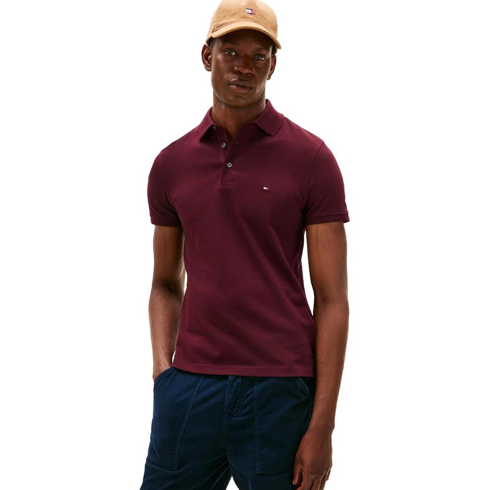 imageTommy Hilfiger Mens Short Sleeve Polo Shirts in Slim Fit with Stretch and Organic Pique CottonDeep Burgundy