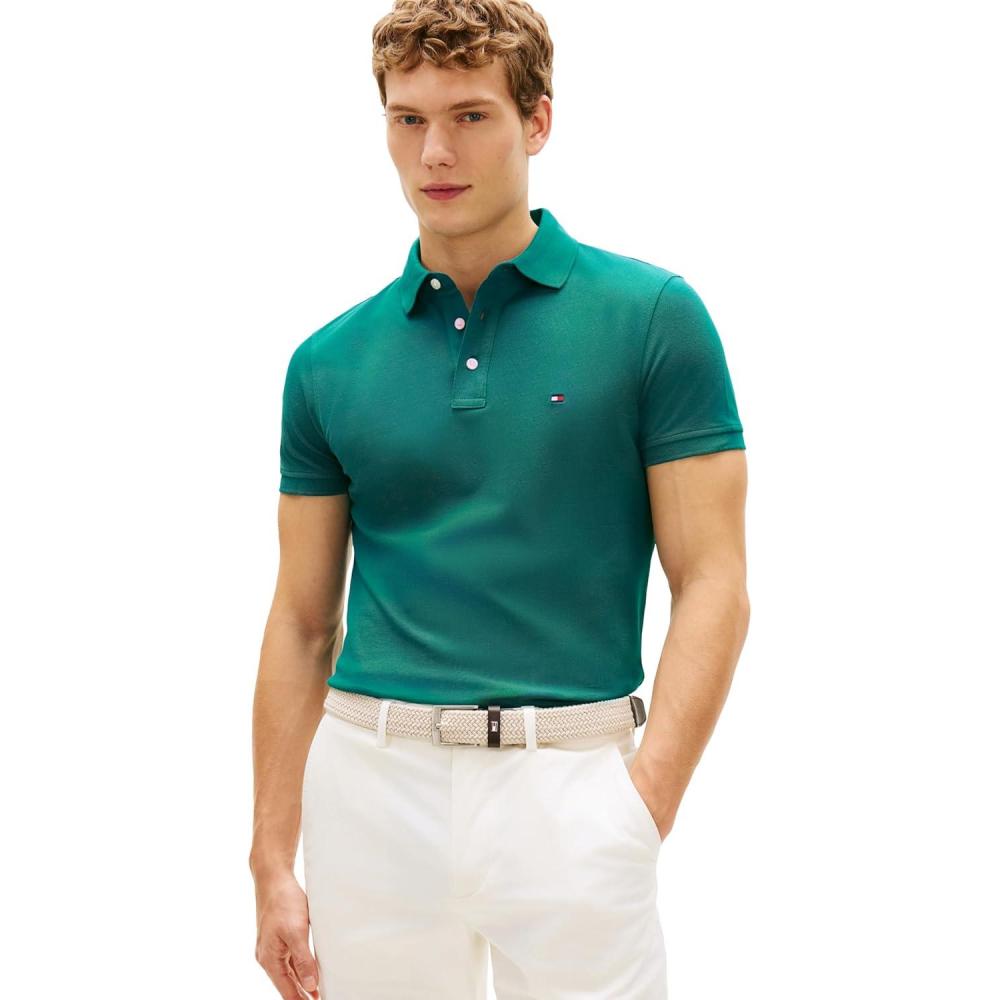 imageTommy Hilfiger Mens Short Sleeve Polo Shirts in Slim Fit with Stretch and Organic Pique CottonDeep Ocean