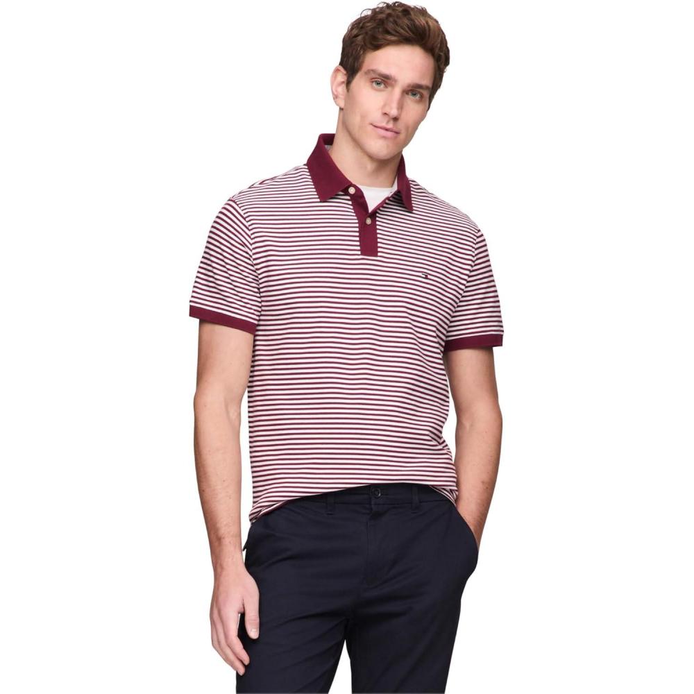 imageTommy Hilfiger Mens Short Sleeve Polo Shirts in Slim Fit with Stretch and Organic Pique CottonDeep Rouge White