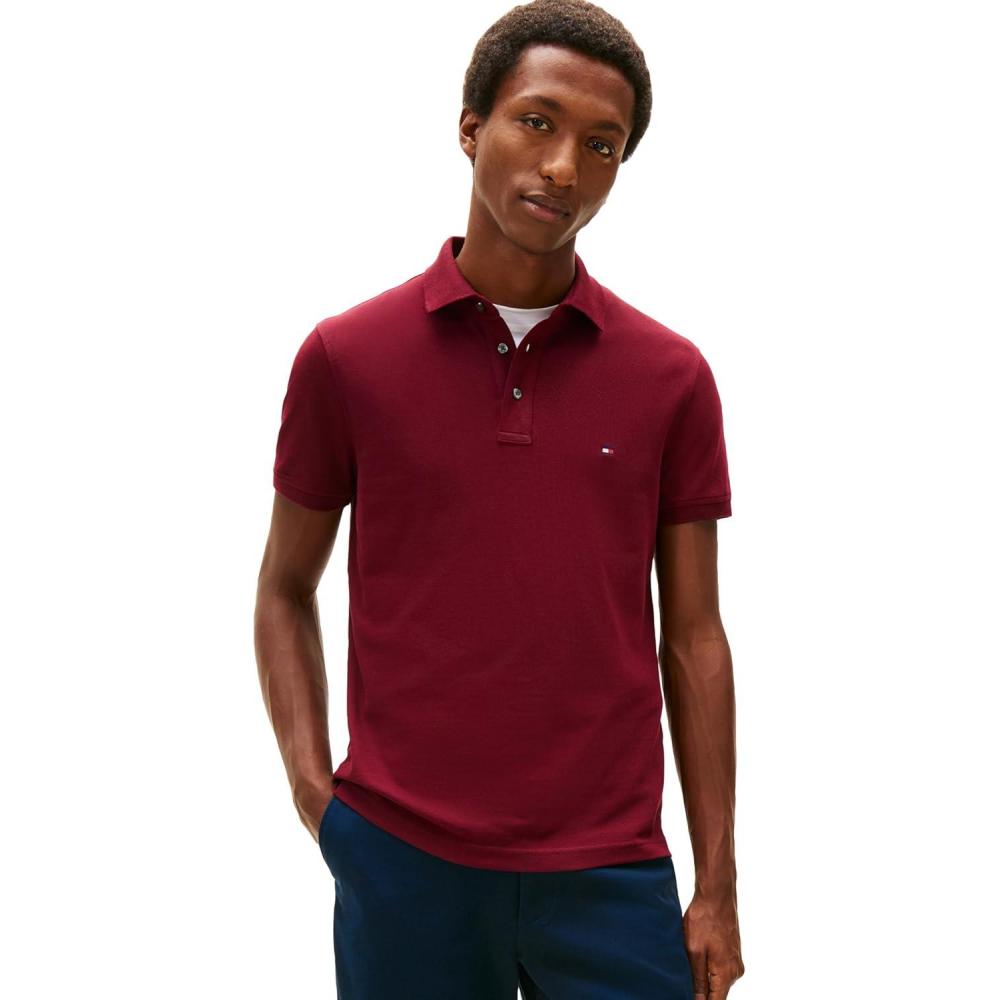 imageTommy Hilfiger Mens Short Sleeve Polo Shirts in Slim Fit with Stretch and Organic Pique CottonDeep Rouge
