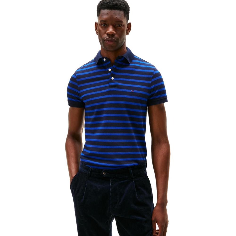imageTommy Hilfiger Mens Short Sleeve Polo Shirts in Slim Fit with Stretch and Organic Pique CottonDesert Sky  Wedge Blue