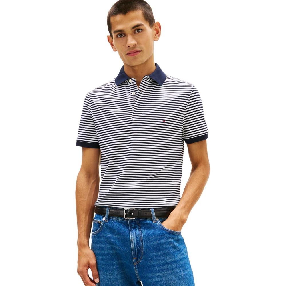 imageTommy Hilfiger Mens Short Sleeve Polo Shirts in Slim Fit with Stretch and Organic Pique CottonDesert Sky  White