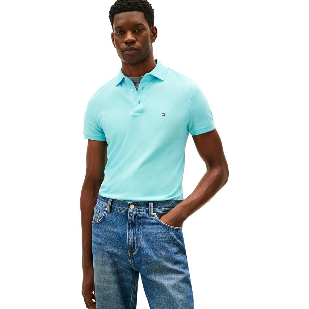 imageTommy Hilfiger Mens Short Sleeve Polo Shirts in Slim Fit with Stretch and Organic Pique CottonDewy Blue