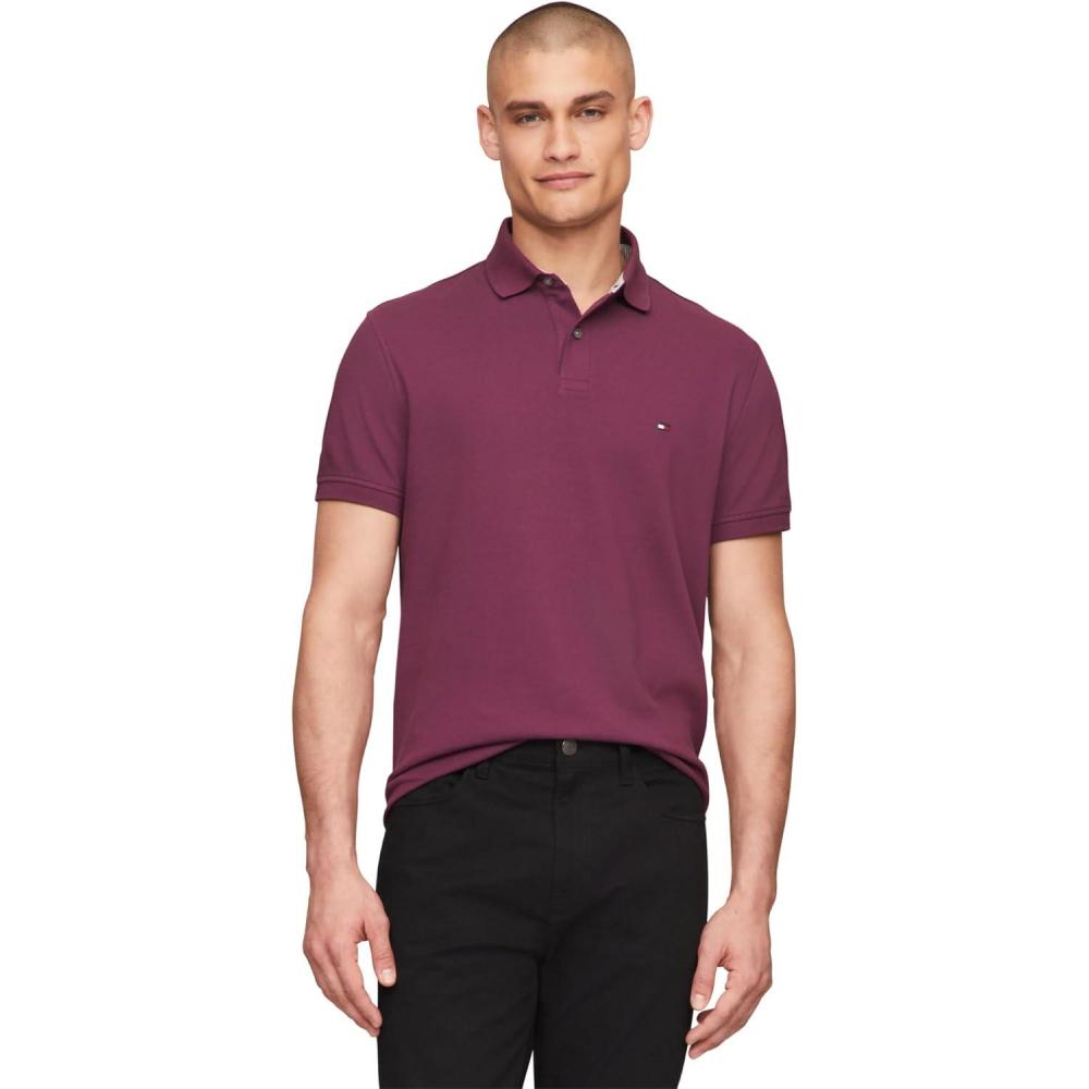 imageTommy Hilfiger Mens Short Sleeve Polo Shirts in Slim Fit with Stretch and Organic Pique CottonHeritage Plum