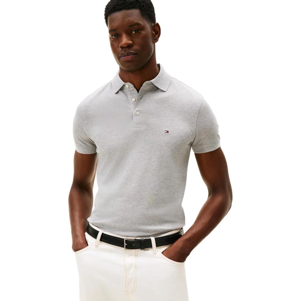 imageTommy Hilfiger Mens Short Sleeve Polo Shirts in Slim Fit with Stretch and Organic Pique CottonLight Grey Heather