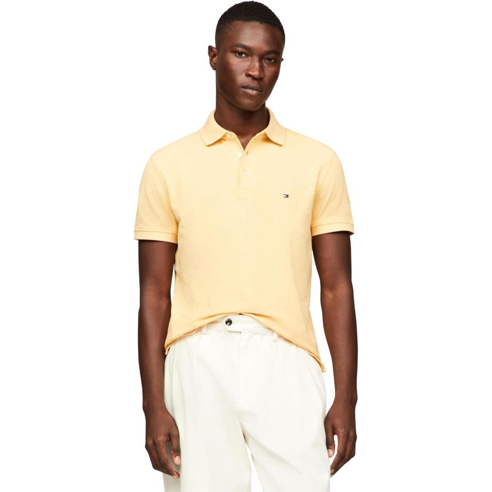 imageTommy Hilfiger Mens Short Sleeve Polo Shirts in Slim Fit with Stretch and Organic Pique CottonLight Yellow Heather