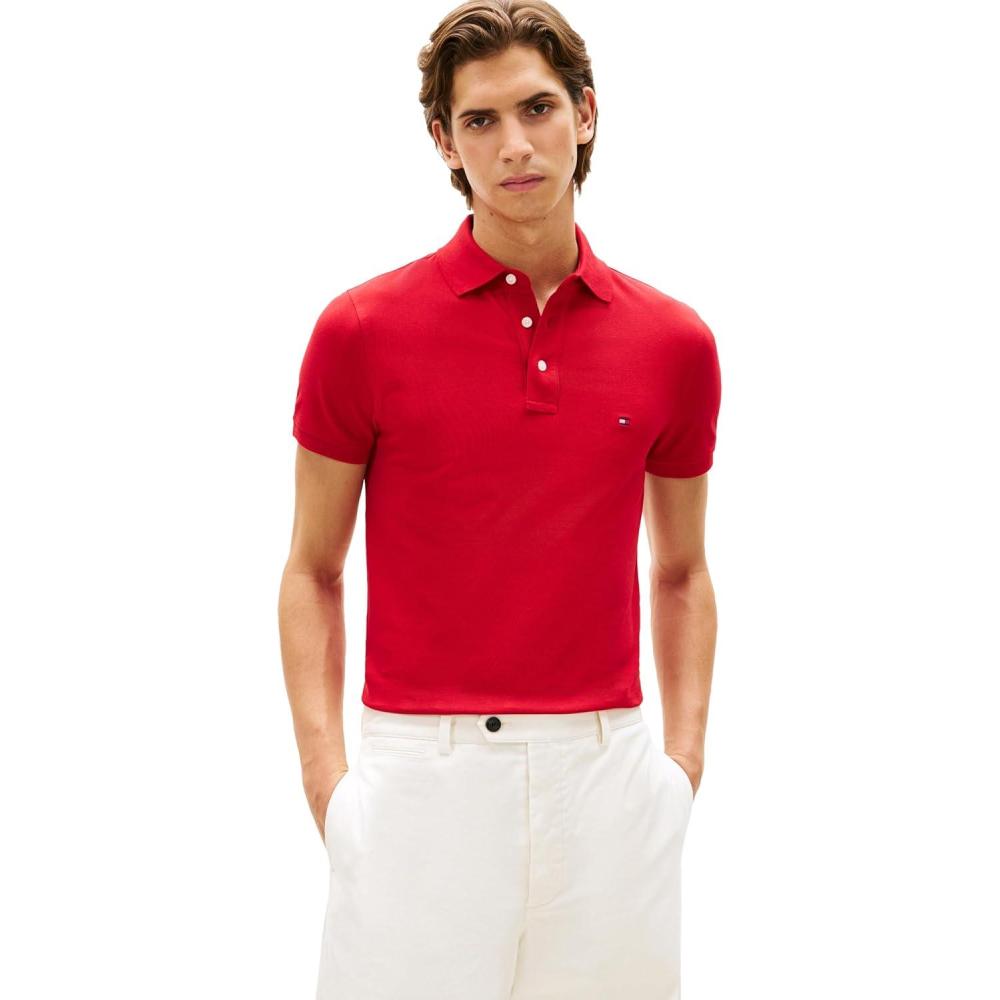 imageTommy Hilfiger Mens Short Sleeve Polo Shirts in Slim Fit with Stretch and Organic Pique CottonMedium Red