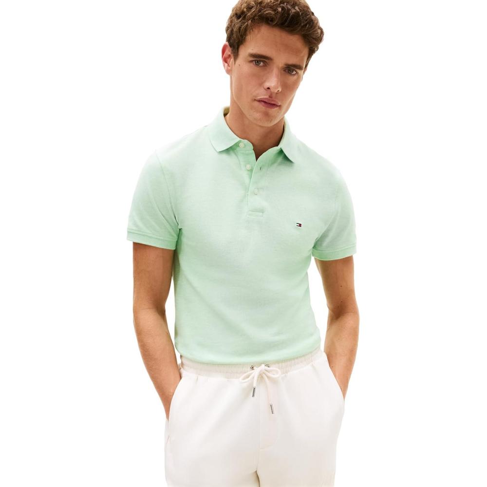 imageTommy Hilfiger Mens Short Sleeve Polo Shirts in Slim Fit with Stretch and Organic Pique CottonMint Gel Heather