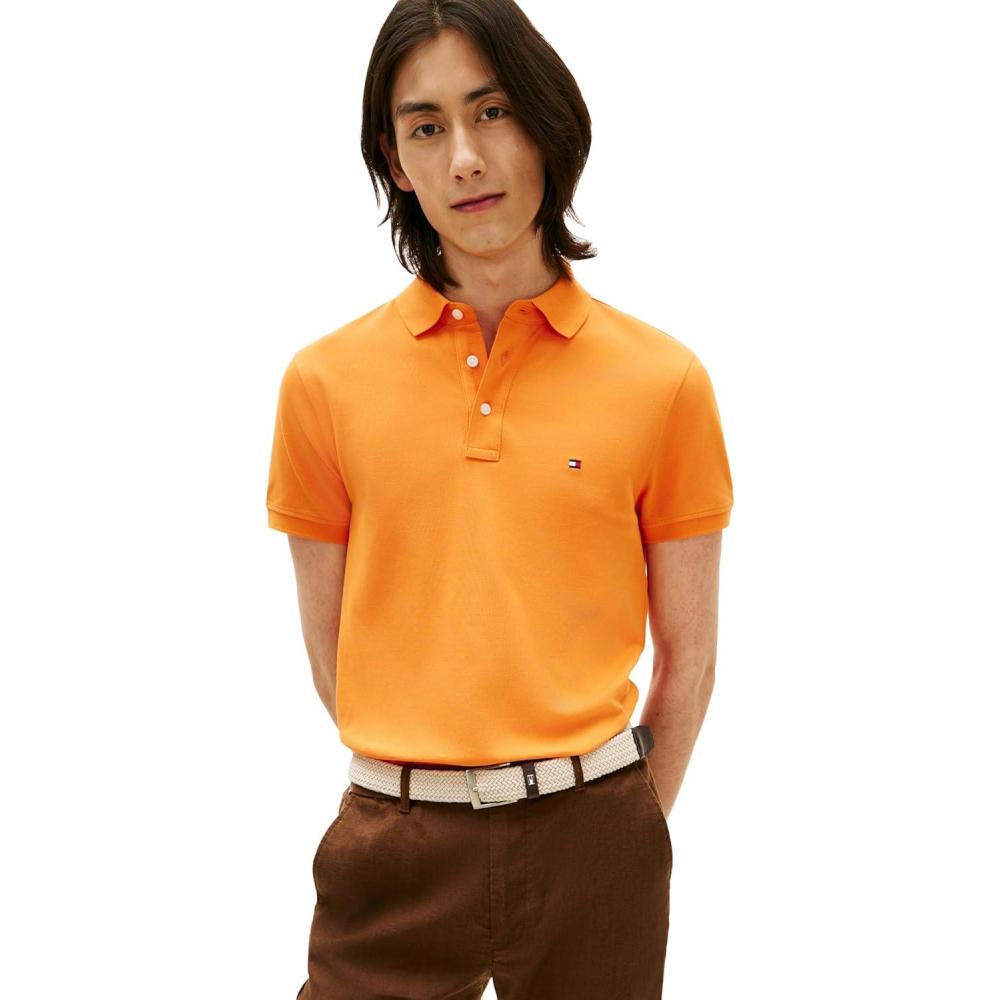 imageTommy Hilfiger Mens Short Sleeve Polo Shirts in Slim Fit with Stretch and Organic Pique CottonOrange Tulip